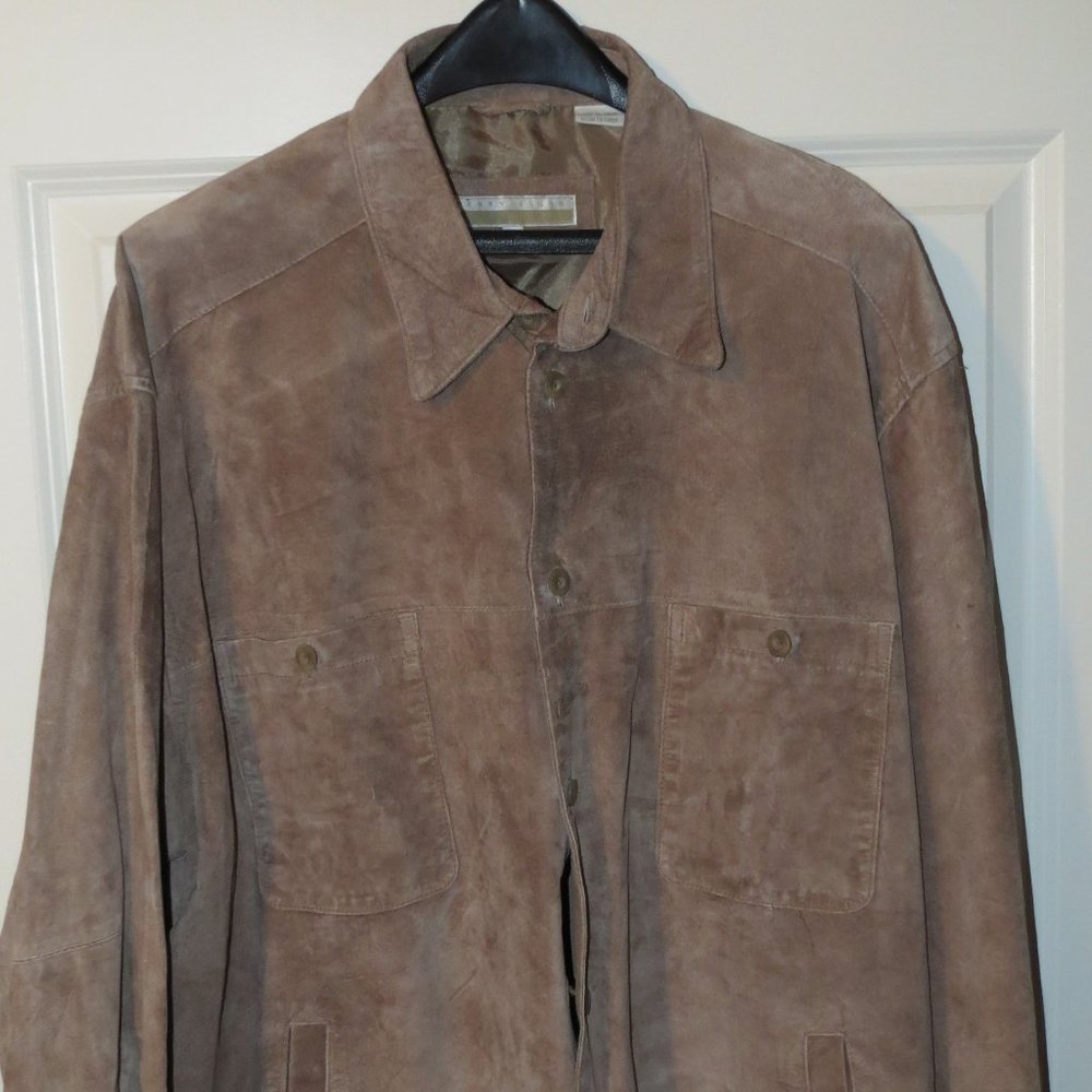 Men's Vintage Perry Ellis Light Brown Suede Leather Buttoned Casual Jacket